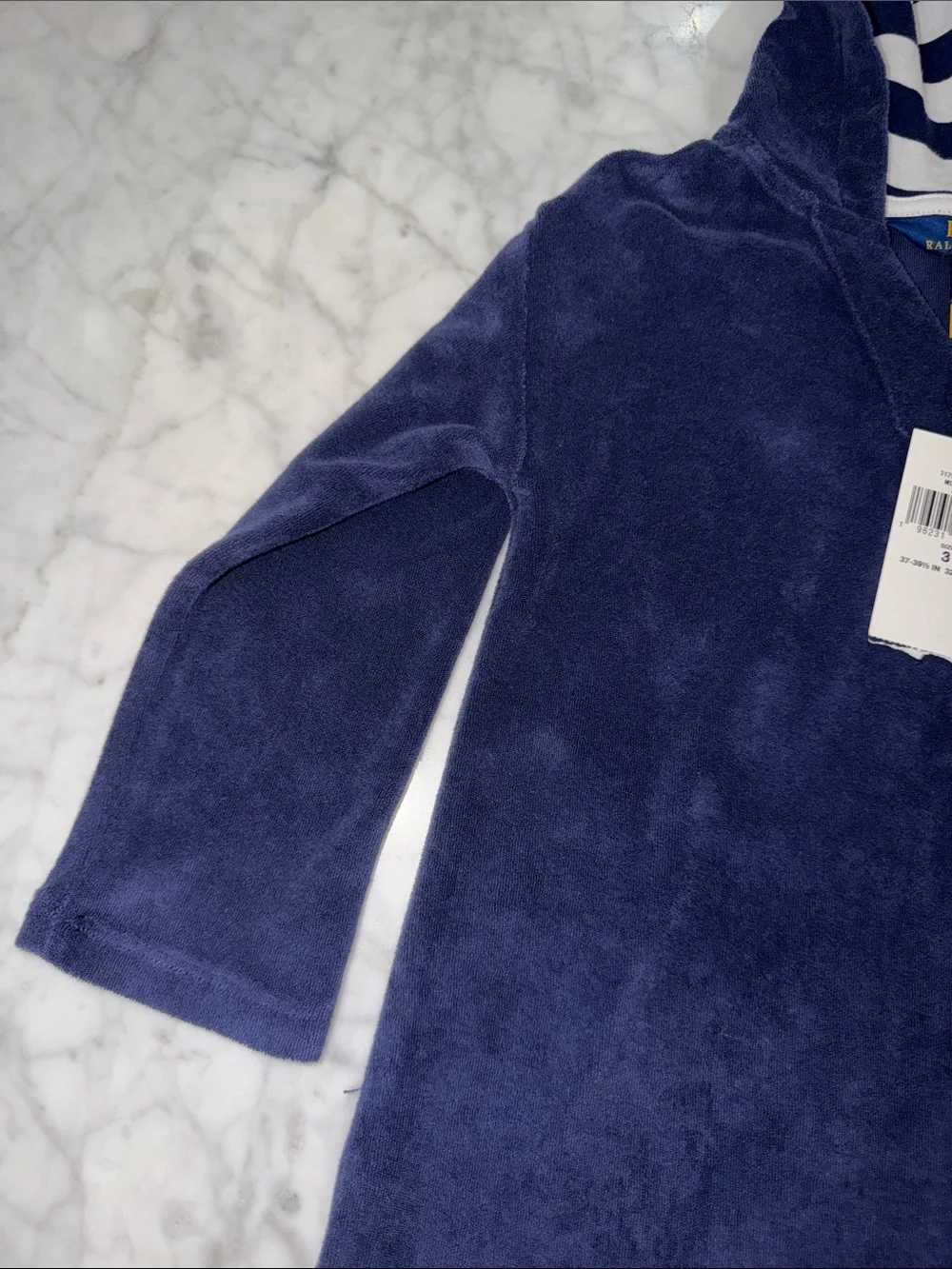 NWT Polo by Ralph Lauren Navy Hooded Terry with Striped Hood Lining 3Y